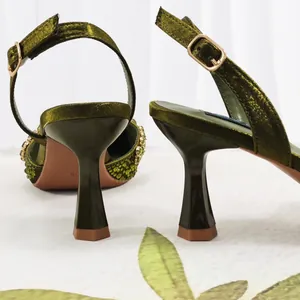 Elegant green metallic pointed high heel sandals with rhinestone decor for women