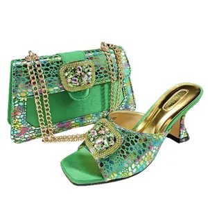 Elegant green evening shoe and bag set with colorful polka dots and rhinestone buckles