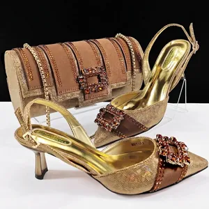 Women's Pointed Toe Stiletto High Heels Rhinestone Square Buckle Banquet Shoes and Metallic Texture Evening Bag Set For Wedding