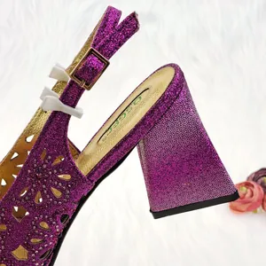 Elegant purple glitter sandals with triangular block heel and rhinestone accents