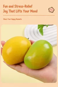 Detail showing color change effect of mango squishy toy from green to yellow