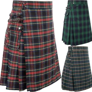 Detailed view of men's medieval plaid kilts in various traditional tartan patterns