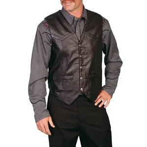 Detailed view of medieval retro men's costume featuring a leather vest and embroidered shirt