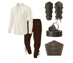 Medieval men's costume set including lace-up tunic, pants, belt, and arm bracers