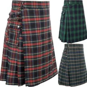 Detail view of men's traditional Scottish tartan kilts with leather side straps