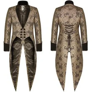 Front and back view of a medieval men's vintage brown tailcoat for theatrical performance