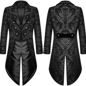 Front and back view of men's medieval black damask pattern gothic tailcoat jacket