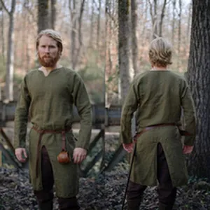 Detailed front and back views of a medieval retro olive green performance tunic for men.