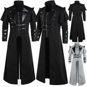 Detail view of men's medieval gothic retro stage costume long coat in black and grey
