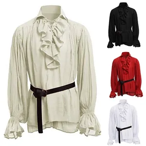 Vintage medieval men's ruffle performance shirt with lace-up neck and black belt
