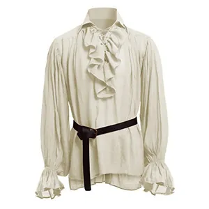 Medieval men's vintage shirt with ruffles, puffy sleeves, and belt for Halloween costume.