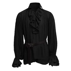 Black medieval men's vintage ruffle shirt with puffed sleeves and brown waist belt