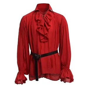 Detailed view of a red medieval men's shirt with ruffles, lace-up neck and bell sleeves