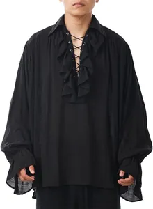 Detailed front view of a black medieval style men's shirt with ruffles and lace-up.