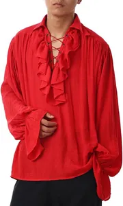 Detailed view of red medieval men's shirt with lace-up ruffled collar and puff sleeves