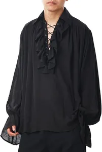 Detailed view of black medieval men's shirt featuring front ruffles and lace-up neck design
