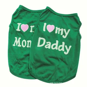 Green polyester dog vest with "I love Mom" and "I love Daddy" heart prints