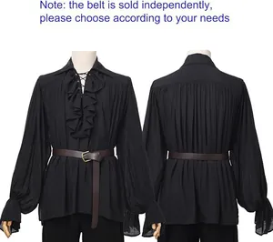 Vintage black medieval lace-up shirt featuring ruffled collar and puff sleeves