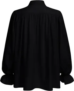 Detailed back view of black medieval retro shirt with ruffled sleeves and pleated yoke detail