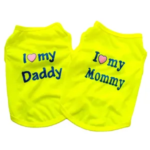 Fluorescent yellow pet dog polyester vests with I Love Daddy and I Love Mommy prints