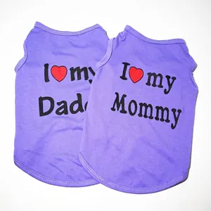 Two purple polyester pet dog vests featuring 'I Love my Dad and Mommy' printed slogans