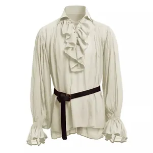 Men's vintage medieval costume shirt featuring ruffles, puff sleeves and a leather belt
