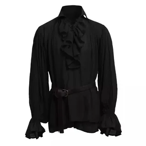 Vintage black medieval ruffled costume shirt for men featuring puff sleeves and belt