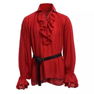 Men's red medieval retro performance shirt featuring tiered ruffles and elegant puffy sleeves