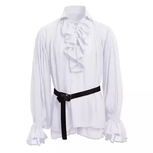 White medieval men's vintage ruffle shirt with lace-up chest and flared cuffs for Halloween.
