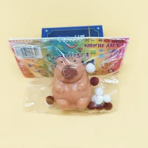 Macro shot of a brown capybara slow rebound squeeze toy in its plastic retail packaging.