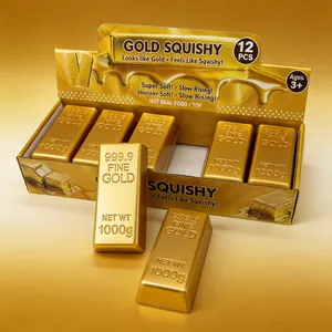 Detailed view of gold bar squishy toys with realistic 999.9 fine gold engraving texture