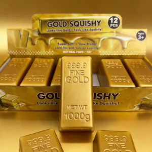 Close-up of golden bar slow rising squishy toy set in its original 12-pack display box