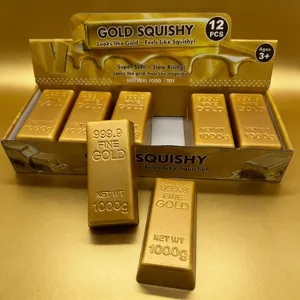 Detail view of a gold bar-shaped slow rising squishy toy in its original display box