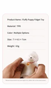 Detailed specifications for puppy squeeze toy showing TPR material and 7x4.5x7cm size