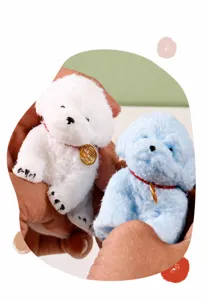 Close-up detail of cute puppy squishy stress relief toys in soft white and blue TPR material