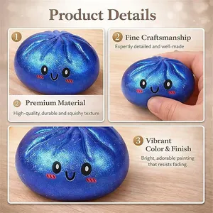 Detailed macro shots of blue glitter dumpling squishy toy texture and cute face.