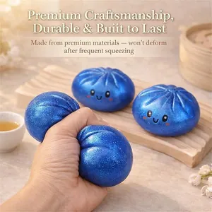 Close-up showing the durable texture of blue glitter dumpling squishy toy