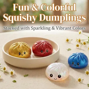 Glittering squishy dumpling toys in various vibrant colors featuring cute smiley faces