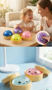 Bunte, mit Glitzer gefüllte Baozi-Squishy-Spielzeuge in Mini-Dampfkörben zum Stressabbau