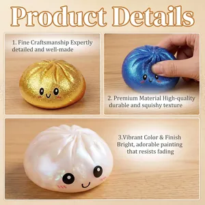 Detailed view of vibrant glitter dumpling squishy toys with adorable faces and soft texture