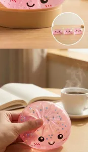Detailansicht einer Hand, die ein rosa glitzerndes Baozi-Stressspielzeug drückt