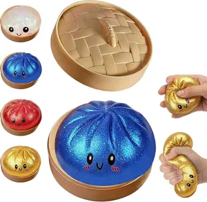 Detail view of glitter dumpling squishy toy being squeezed to show elastic texture