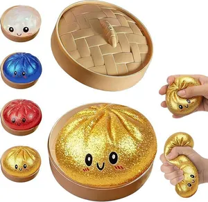 Detailed macro shot of glitter dumpling squishy toys showing elastic texture