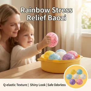Colorful glittery TPR sensory stress relief buns in a yellow toy steamer basket