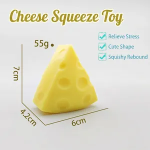 Yellow cheese-shaped stress relief squeeze toy with 55g weight and product dimensions