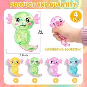 4er-Set glitzernde Axolotl-Squishy-Spielzeuge mit Größenangaben und Quetscheffekt