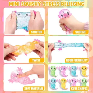 Detailansicht bunter Glitzer-Axolotl-Squishys mit Flexibilität und weicher Textur