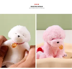 Detailed view of the soft flocked texture and squeezing action of the puppy stress toy.