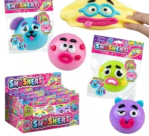 Detail of Smushers colorful goofy face squeeze toys with stretching feature and display box