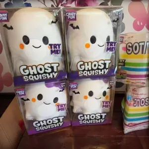 Detail view of adorable ghost squishy toy in its colorful original retail packaging